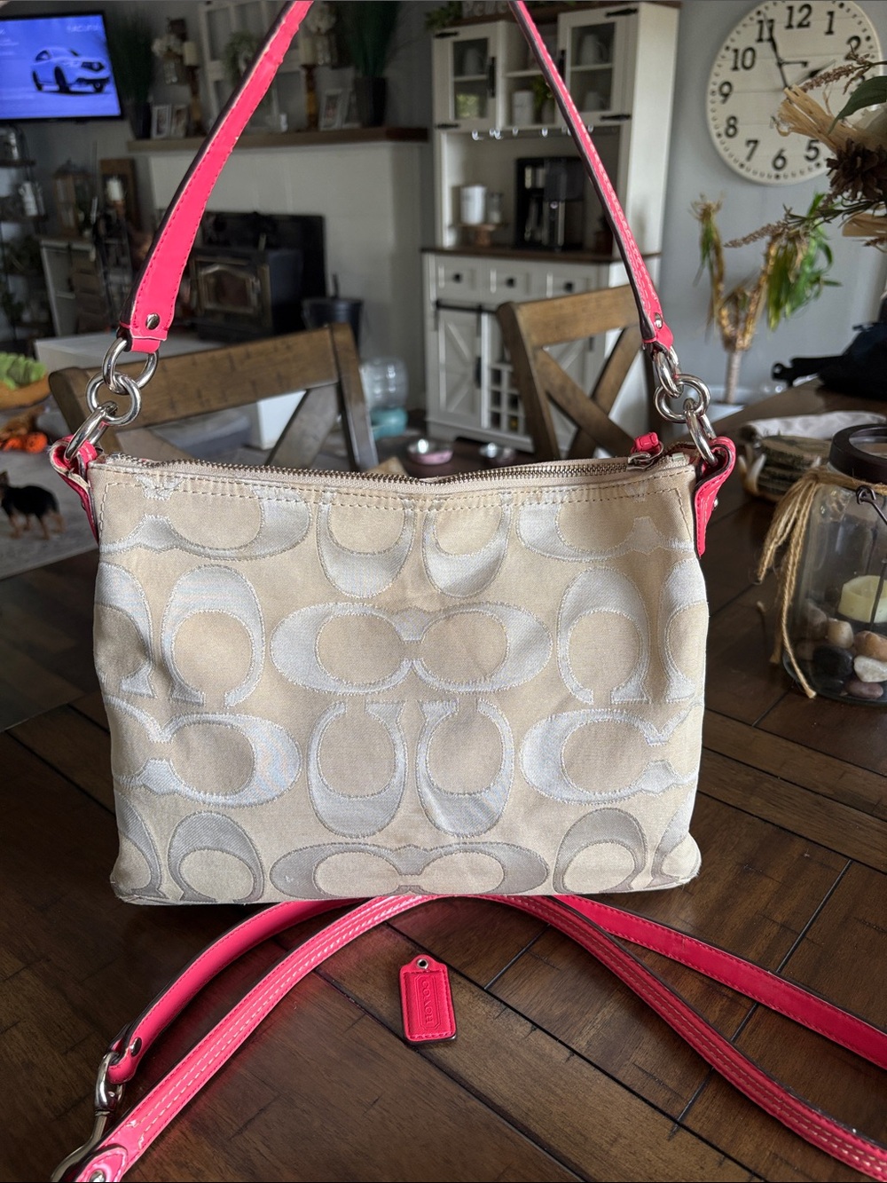 Coach Beige Signature Canvas Shoulder Bag with Pink Leather Strap